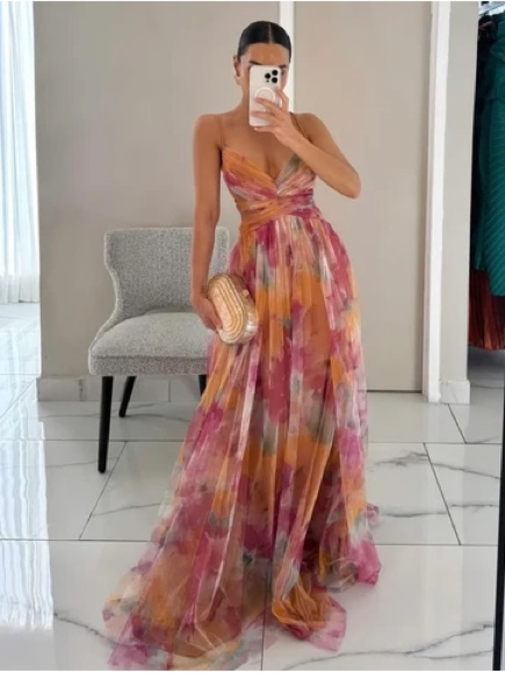 Strapless Floral Maxi Dress with Open Back in Pink & Orange